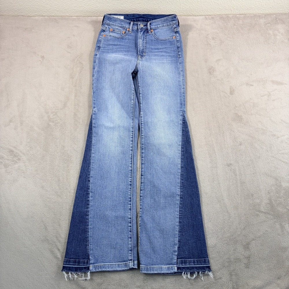 Gap 70s Flare High Rise Jeans in Blue Color Block Women 25/0R Frayed Hem Cowgirl
